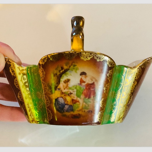 Vintage CICO Porcelain Basket Bavaria Germany Courting Couple Green Gold Small - Picture 2 of 5